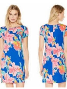 Lilly Pulitzer Marlowe dress in the vibrant blue and pink "Lil Olive” print